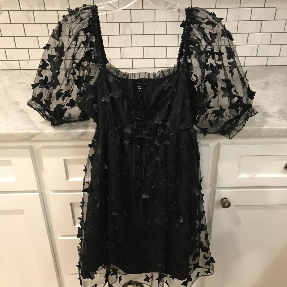 THRTY THIRTY Dress Womens Medium Black Mesh Butterfly Applique Puff Sleeve‎ Mini